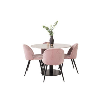 RazziaGR eethoek eetkamertafel terazzo grijs en 4 Velvet eetkamerstal velours roze, zwart.