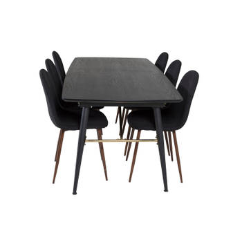 Gold eethoek eetkamertafel uitschuifbare tafel lengte cm 180 / 220 zwart en 6 Polar eetkamerstal zwart.