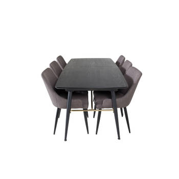Gold eethoek eetkamertafel uitschuifbare tafel lengte cm 180 / 220 zwart en 6 Plaza eetkamerstal grijs, zwart.