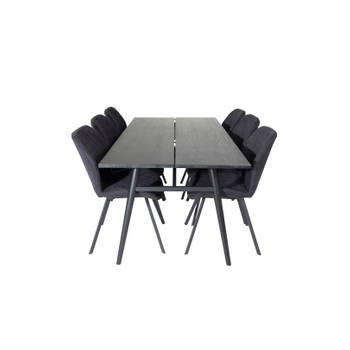 Sleek eethoek eetkamertafel uitschuifbare tafel lengte cm 195 / 280 zwart en 6 Gemma eetkamerstal zwart.