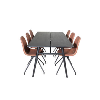 Sleek eethoek eetkamertafel uitschuifbare tafel lengte cm 195 / 280 zwart en 6 Polar eetkamerstal PU kunstleer bruin.