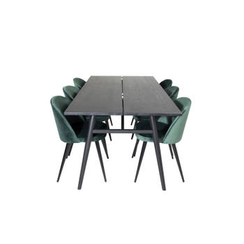 Sleek eethoek eetkamertafel uitschuifbare tafel lengte cm 195 / 280 zwart en 6 Velvet eetkamerstal velours groente,