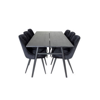 Sleek eethoek eetkamertafel uitschuifbare tafel lengte cm 195 / 280 zwart en 6 Velvet Deluxe eetkamerstal velours zwart.