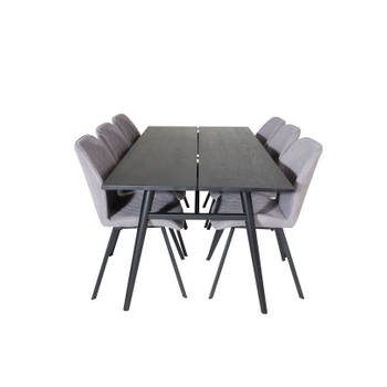 Sleek eethoek eetkamertafel uitschuifbare tafel lengte cm 195 / 280 zwart en 6 Gemma eetkamerstal grijs.