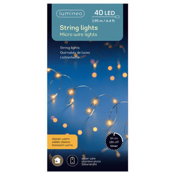 Lumineo Draadverlichting - 40 LEDs - warm wit - timer - 195 cm - op batterijen - zilverdraad - Lichtsnoeren