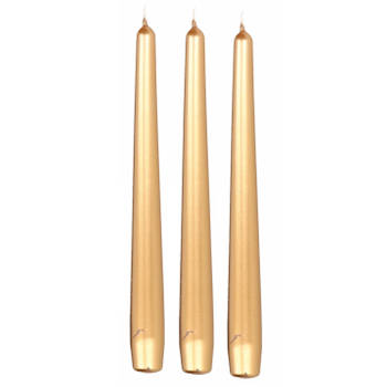 12x Lange kaarsen metallic goud 25 cm 8 branduren dinerkaarsen/tafelkaarsen - Dinerkaarsen
