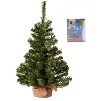 Volle kerstboom in jute zak 60 cm inclusief gekleurde kerstverlichting - Kunstkerstboom