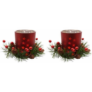 2x Kerstdecoratie theelichthouders rood 8 cm - Waxinelichtjeshouders