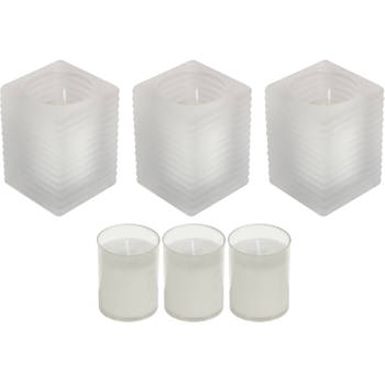 3x Kaarsen wit in kaarsenhouders met 3 navullingen 7 x 10 cm 24 branduren sfeerkaarsen - Stompkaarsen