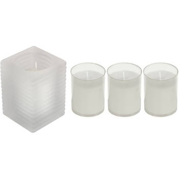 1x Kaarsen wit in kaarsenhouders met 3 navullingen 7 x 10 cm 24 branduren sfeerkaarsen - Stompkaarsen