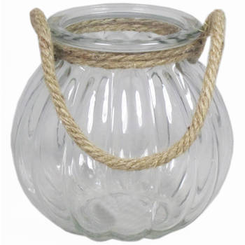 Glazen ronde windlicht 2 liter met touw hengsel/handvat 14,5 x 14,5 cm - Waxinelichtjeshouders