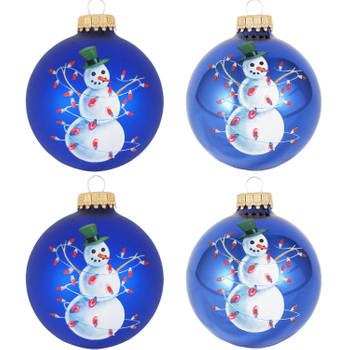 4x stuks luxe glazen kerstballen 7 cm blauw met sneeuwpop - Kerstbal