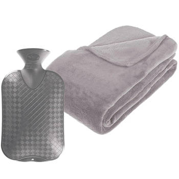 Fleece deken/plaid Lichtgrijs 230 x 180 cm en een warmwater kruik 2 liter - Plaids