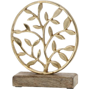 Decoratie levensboom rond van aluminium op houten voet 20 cm goud - Beeldjes