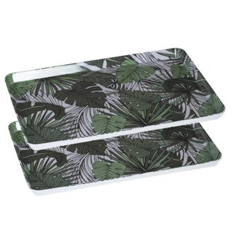 2x stuks dienbladen/serveerbladen rechthoekig Jungle 45 x 30 cm wit/groen - Dienbladen