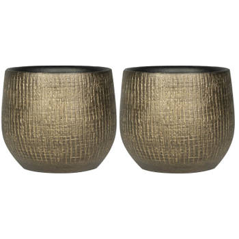 2x stuks plantenpotten/bloempotten in een strakke Modern design look metal goud Dia 18 cm en Hoogte - Plantenpotten