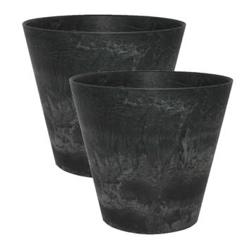 2x stuks plantenpot/bloempot in een natuursteen look Dia 17 cm en Hoogte 15 cm zwart - Plantenpotten