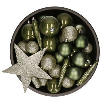 Set van 33x stuks kunststof kerstballen met ster piek mos groen mix - Kerstbal
