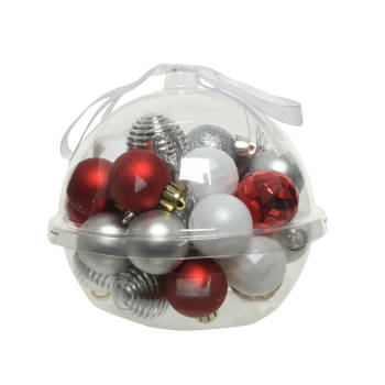 30x stuks kleine kunststof kerstballen rood/wit/zilver 3 cm - Kerstbal