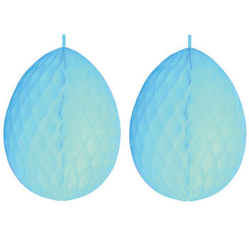 2x stuks hangdecoratie honeycomb paaseieren pastel blauw van papier 30 cm - Feestdecoratievoorwerp