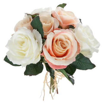 Atmosphera kunstbloemen boeket 7 roze/witte rozen 30 cm - Kunstbloemen