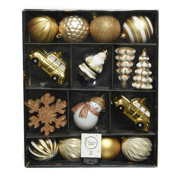 25x stuks kerstballen en kersthangers figuurtjes goud met wit kunststof - Kersthangers