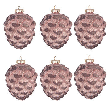 Clayre & Eef Kerstbal Set van 6 Dennenappel Ø 8 cm Roze Glas Kerstdecoratie Roze Kerstdecoratie