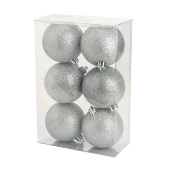Blokker Cosy @Home Kerstballen Zilver glitter ø 8 cm - 6 Stuks aanbieding