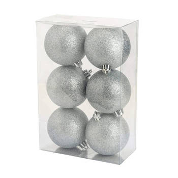 Cosy @Home Kerstballen Zilver glitter ø 8 cm - 6 Stuks