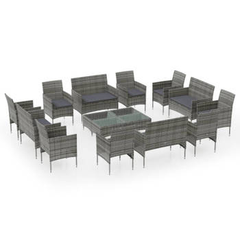 vidaXL 16-delige Loungeset met kussens poly rattan grijs