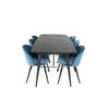 Gold eethoek eetkamertafel uitschuifbare tafel lengte cm 180 / 220 zwart en 6 Velvet eetkamerstal velours blauw, zwart.