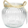Glazen ronde windlicht Ribbel 2 liter met touw hengsel/handvat 15 x 14,5 cm - Waxinelichtjeshouders