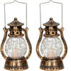 2x Feestverlichting bronzen kunststof lantaarn 12 cm met vlam effect LED verlichting - Kaarshouders