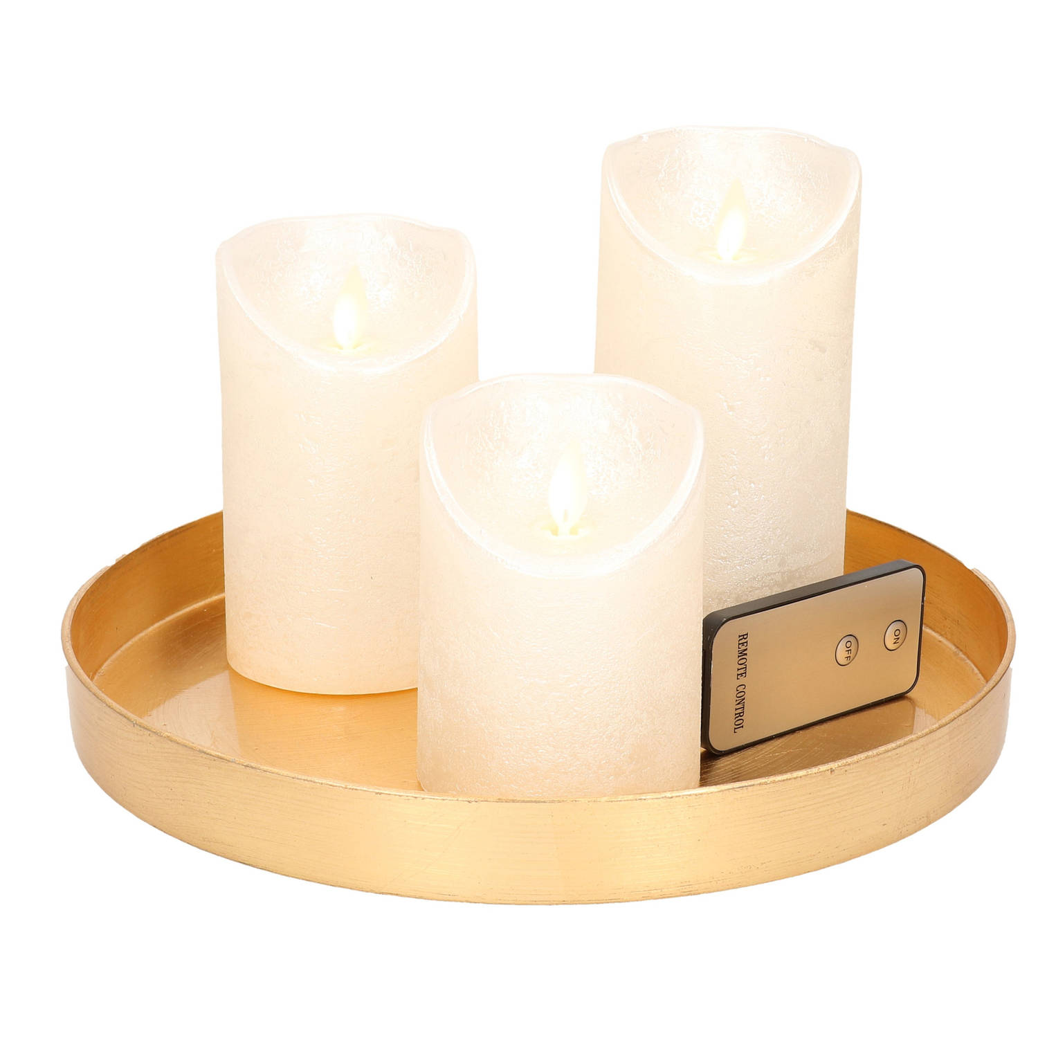 Ronde kaarsenplateau goud van kunststof D27 cm met 3 parel witte LED-kaarsen 10-12,5-15 cm Kaarsenpl
