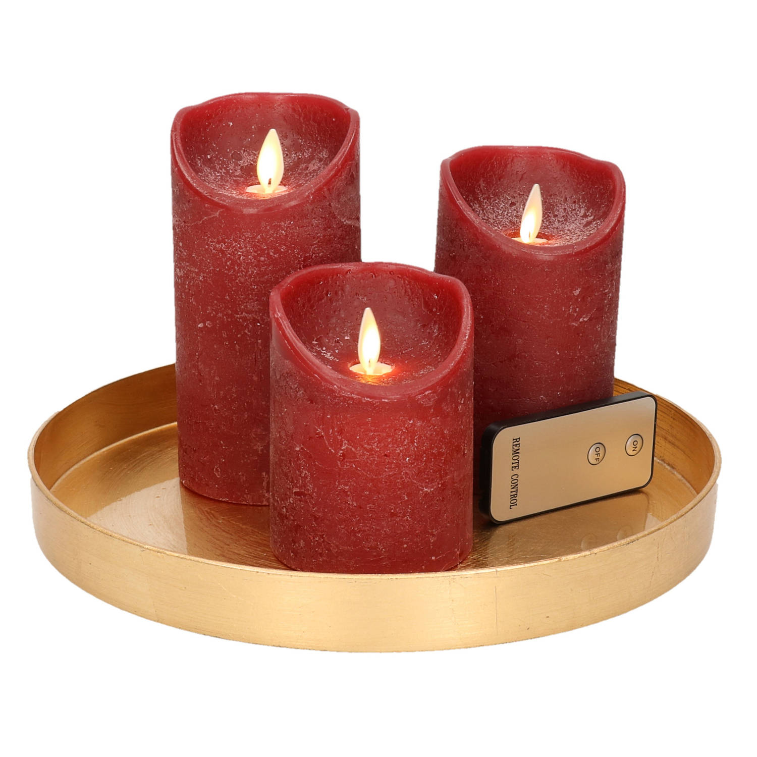 Ronde kaarsenplateau goud van kunststof D27 cm met 3 bordeaux rode LED-kaarsen 10-12,5-15 cm Kaarsen