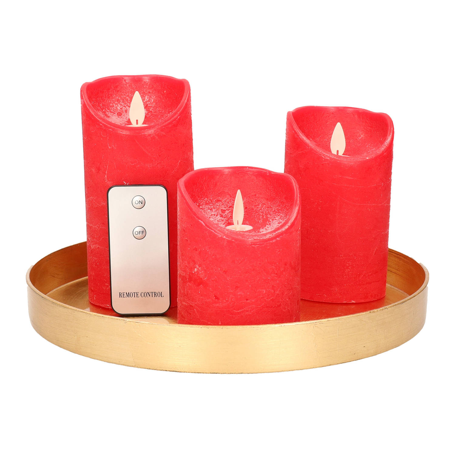 Ronde kaarsenplateau goud van kunststof D27 cm met 3 rode LED-kaarsen 10-12,5-15 cm Kaarsenplateaus