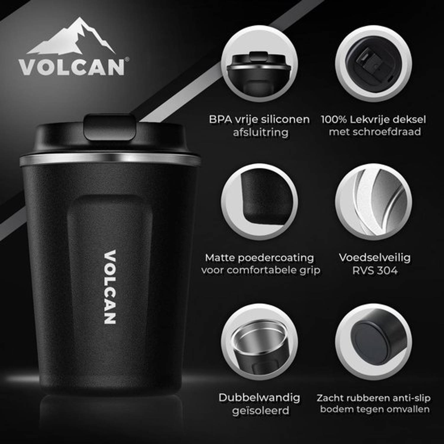 VOLCAN RVS Koffiebeker Go - 380ml - Thermosbeker Lekvrij - - Koffie Beker - Theebeker - | Blokker