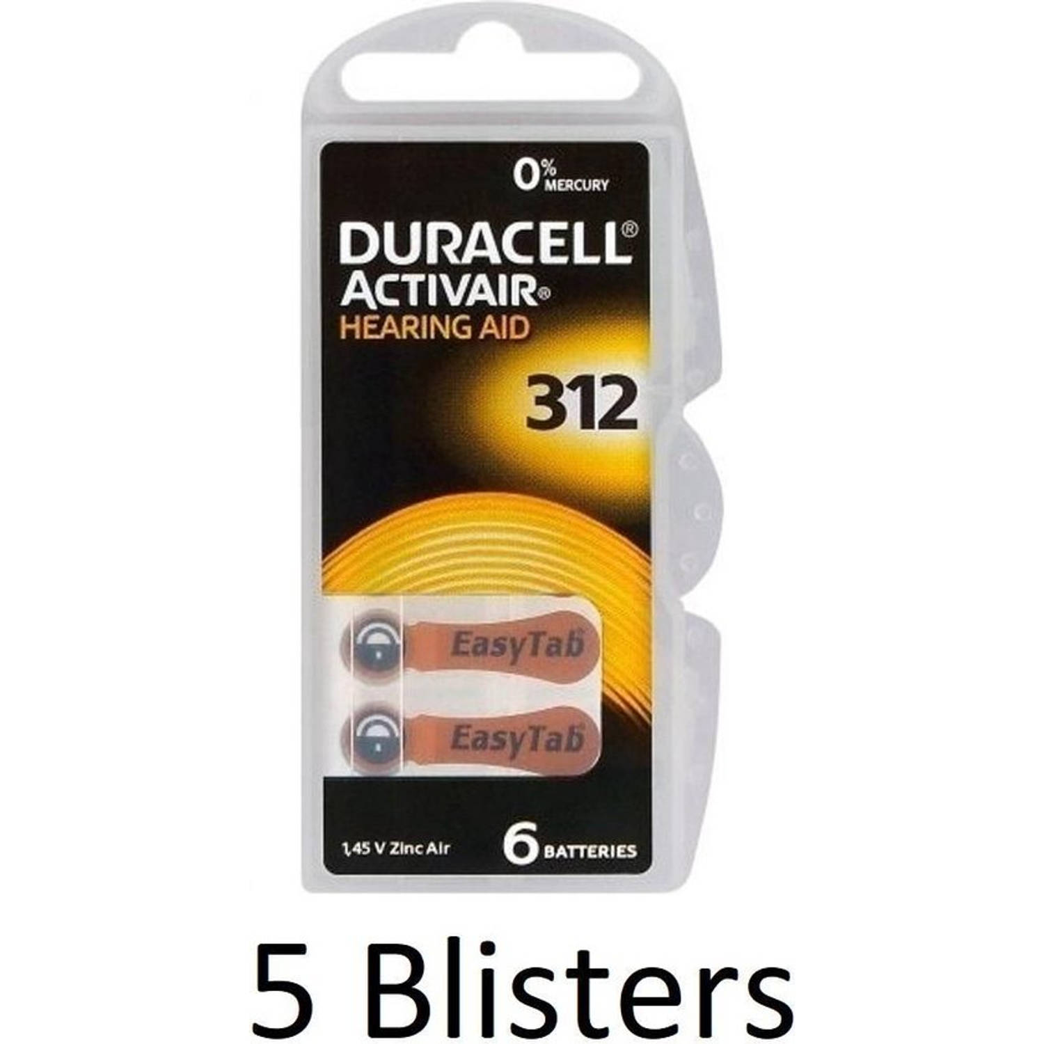 30 stuks (5 blisters a 6 st) Duracell DA312 hoorapparaat batterij