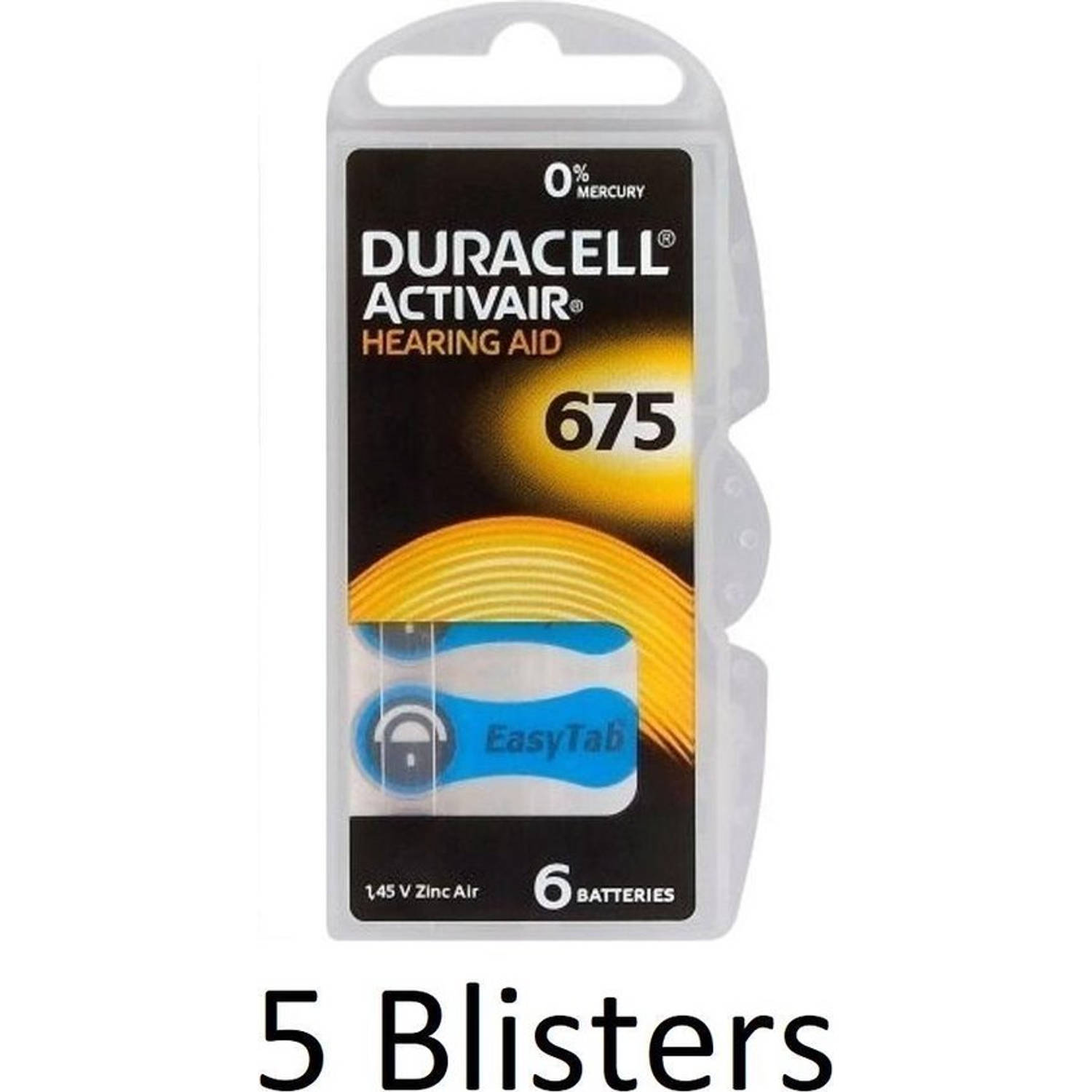 30 stuks (5 blisters a 6 st) Duracell DA675 hoorapparaat batterij - Blauw