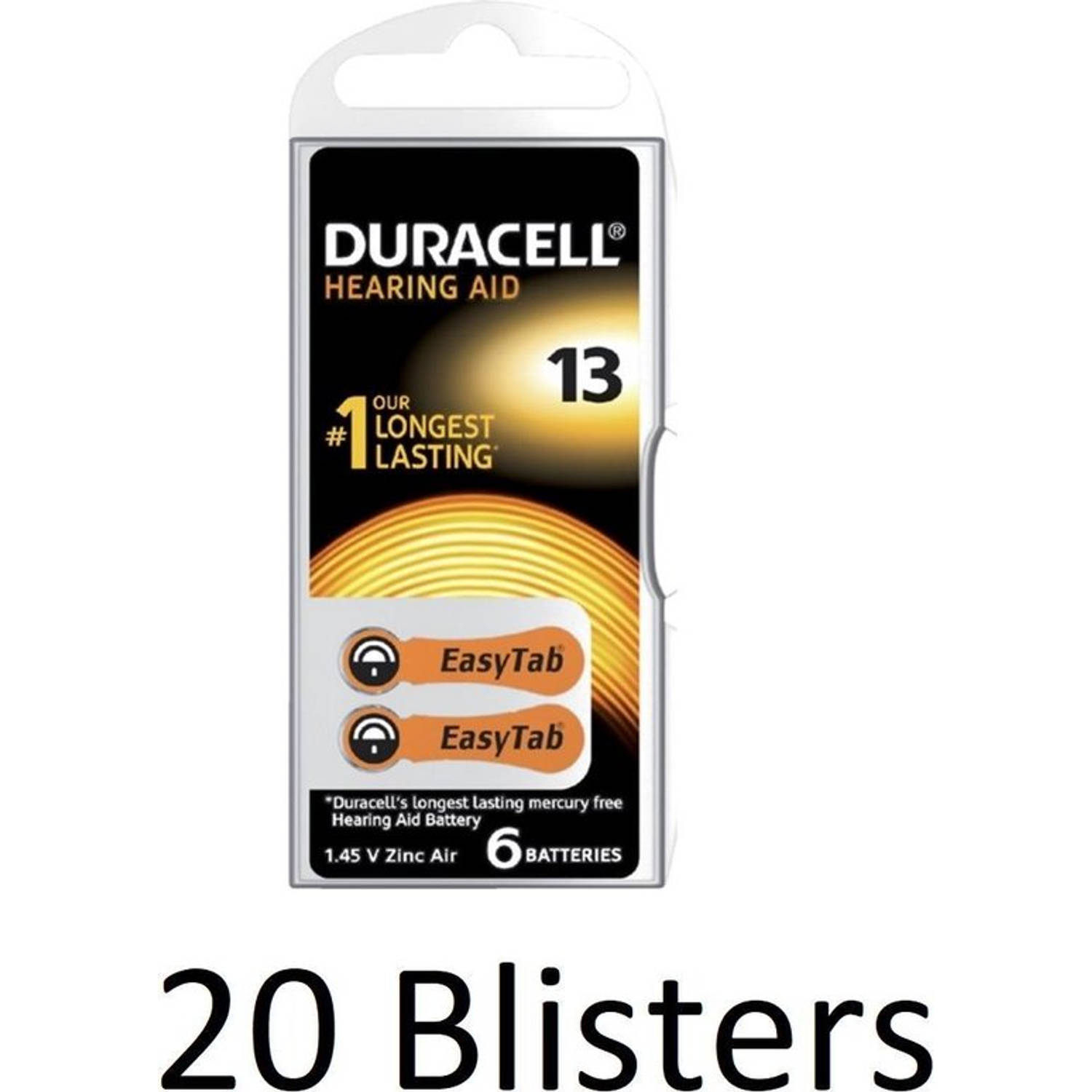 120 Stuks (20 Blisters a 6 st) duracell Batterij da13 hearing aid