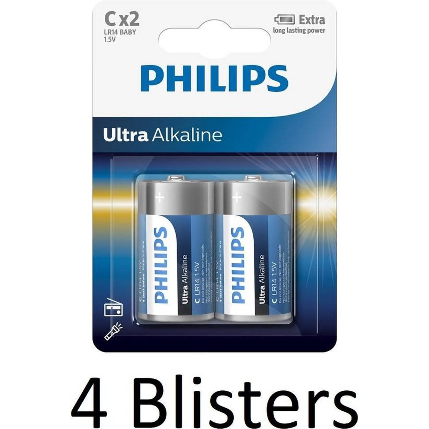 8 Stuks (4 Blisters A 2 St) Philips Ultra Alkalline C Batterijen