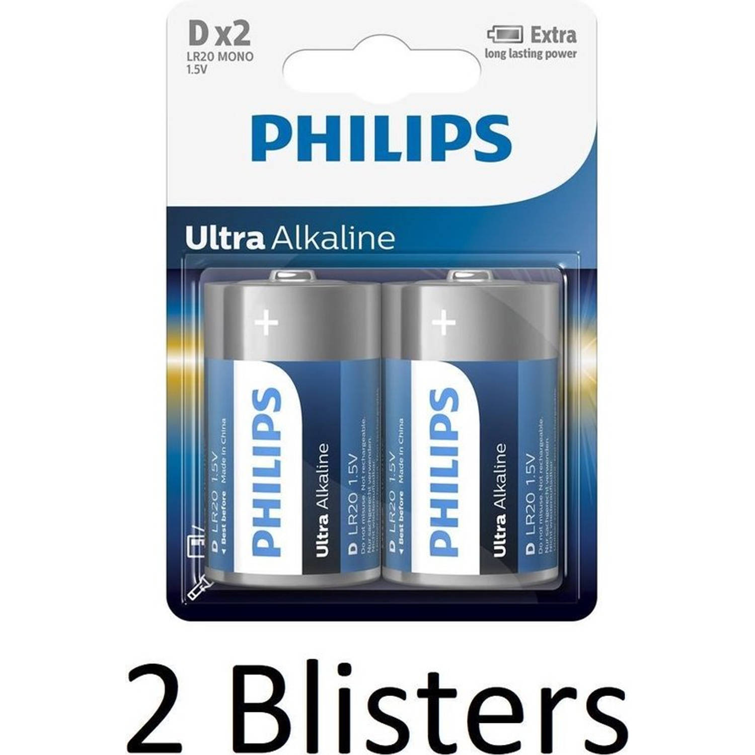 4 Stuks (2 Blisters a 2 st) Philips Ultra Alkaline D Cell Batterijen