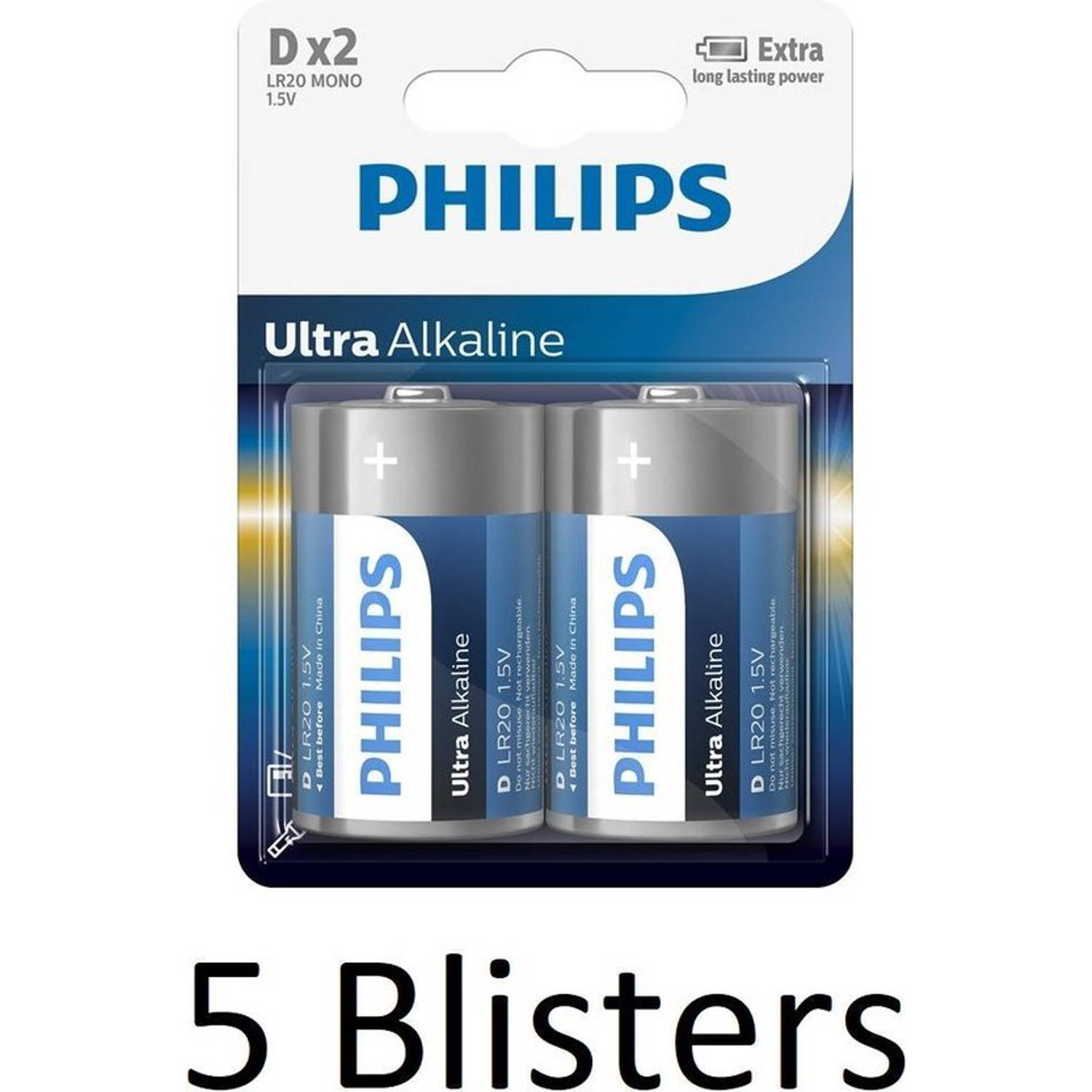 10 Stuks (5 Blisters a 2 st) Philips Ultra Alkaline D Cell Batterijen