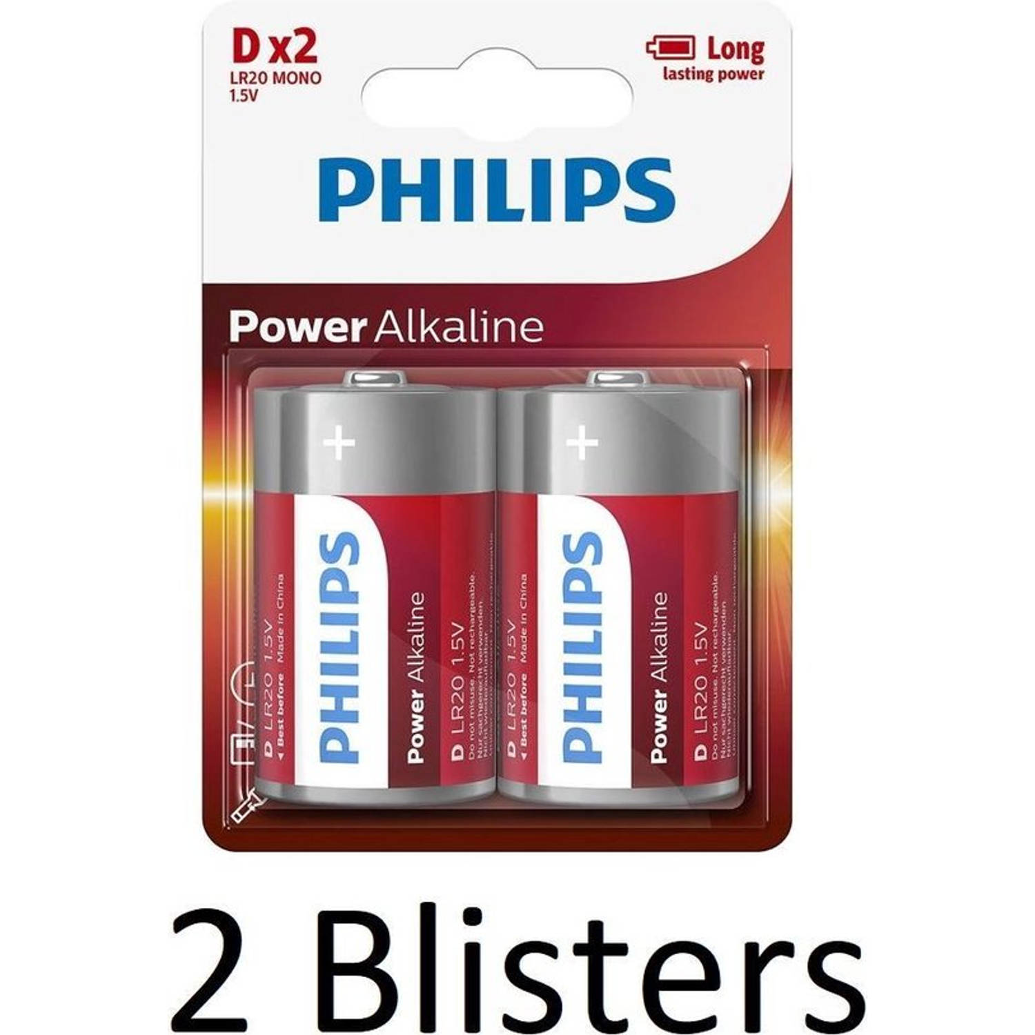 4 Stuks (2 Blisters a 2 st) Philips Power Alkaline D Batterijen