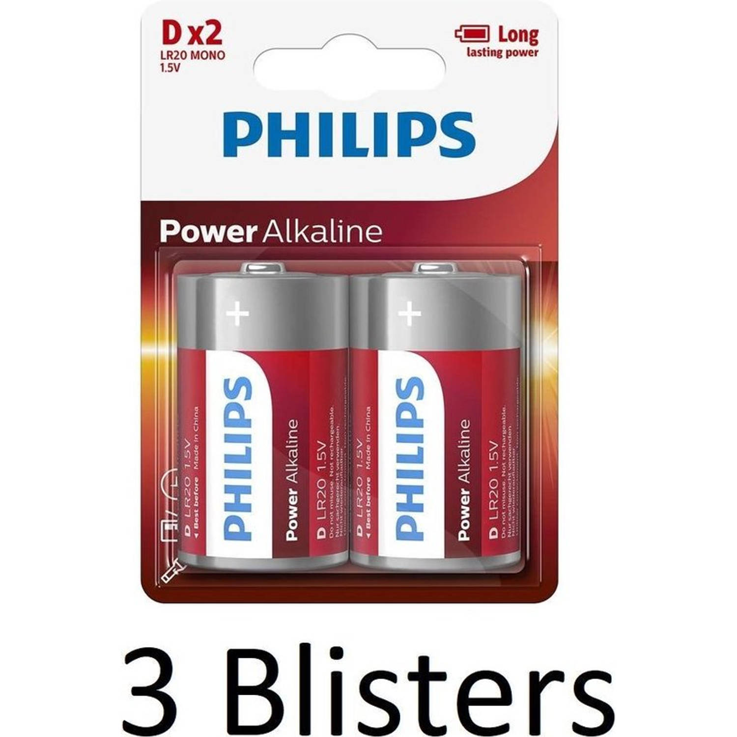 6 Stuks (3 Blisters A 2 St) Philips Power Alkaline D Batterijen