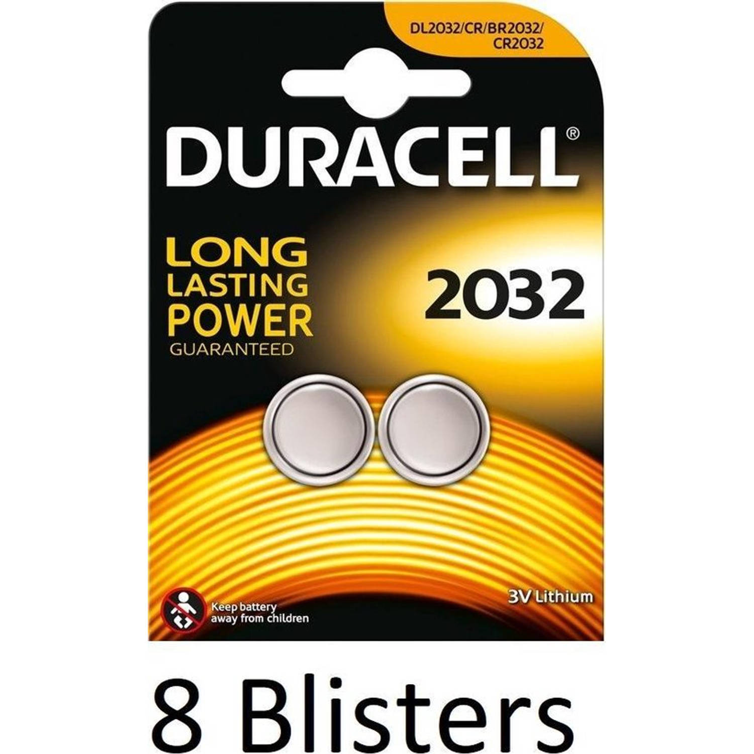 16 Stuks (8 Blisters a 2 st) Duracell DL2032 knoopcelbatterij
