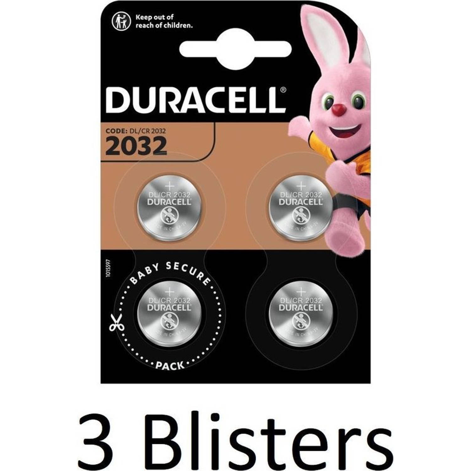 12 Stuks (3 Blisters a 4 st) Duracell 2032 Lithium-knoopcelbatterij