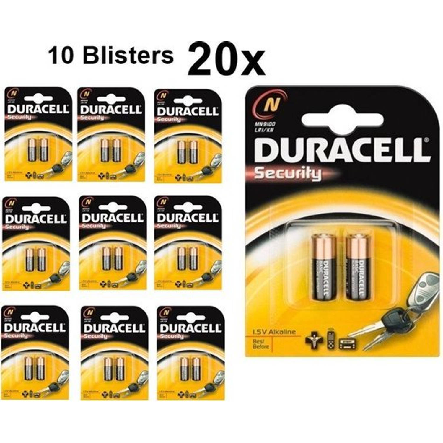 20 Stuks (10 Blisters A 2st) Duracell Lr1-N-E90-910a 1,5 V Alkaline Batterij (Duo Pack)