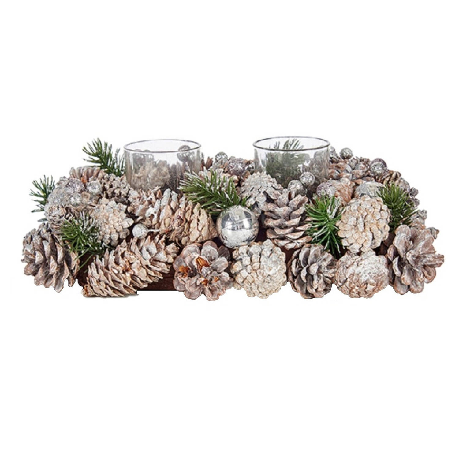 Kerst thema kaarsenhouder ornament silver/green nature 29 x 18 x 11 cm - Voor 2x kaarsjes - Tafel decoratie