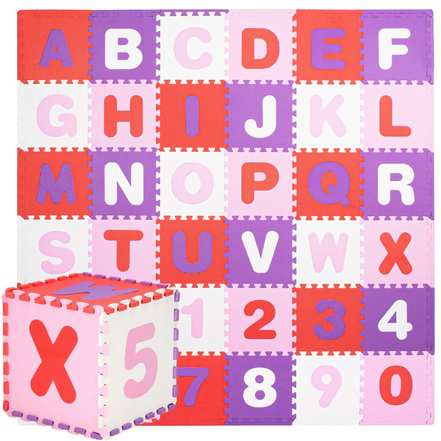 Speelmat Speelmat Foam Puzzelmat 36 Stukken Letters & Cijfers 175 X 175 Cm Roze-rood-paars-wit